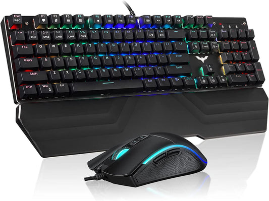 Havit Mechanical Keyboard and Mouse Combo RGB Gaming 104 Keys Blue Switches Wired USB Keyboards with Detachable Wrist Rest, Programmable Gaming Mouse for PC Gamer Computer Desktop (Black)
