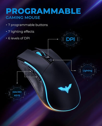 Havit Mechanical Keyboard and Mouse Combo RGB Gaming 104 Keys Blue Switches Wired USB Keyboards with Detachable Wrist Rest, Programmable Gaming Mouse for PC Gamer Computer Desktop (Black)