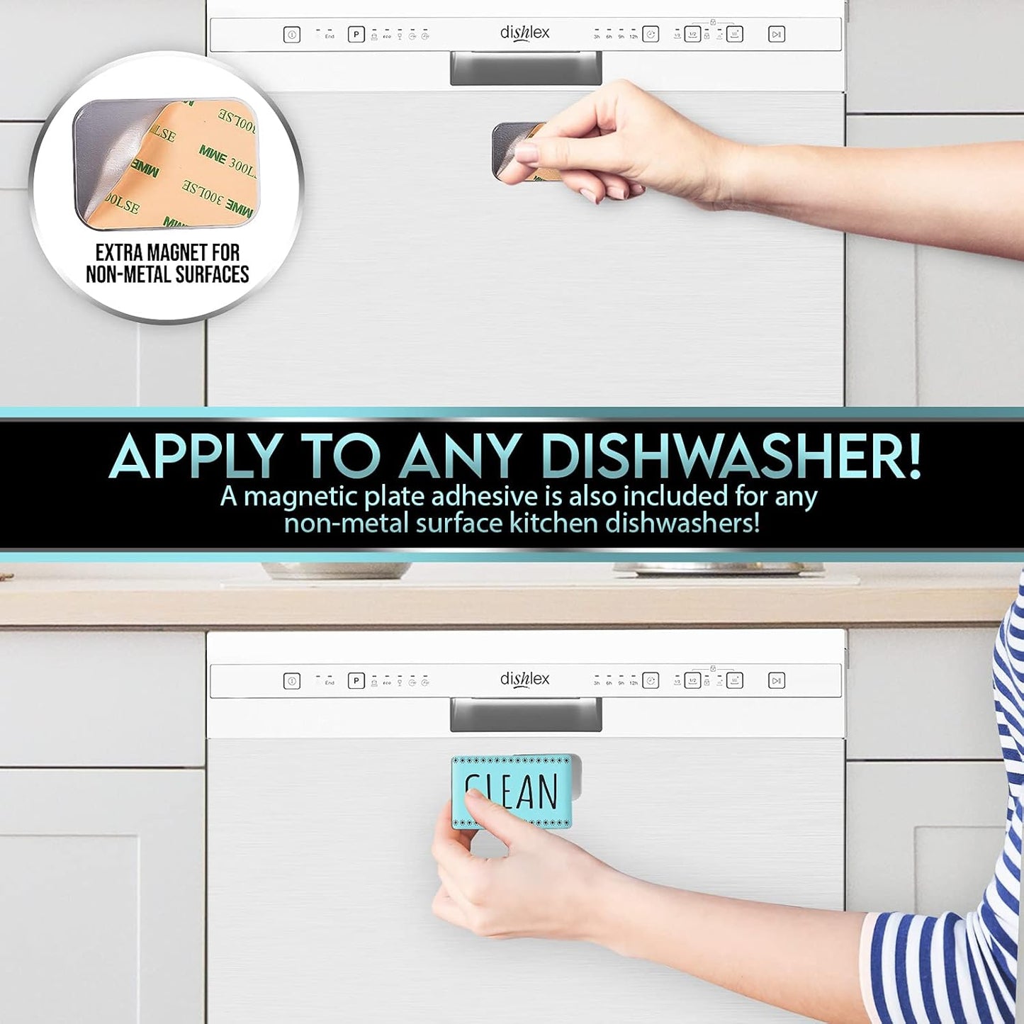 Dishwasher Magnet Clean Dirty Sign Indicator, Double Sided Dishwasher Magnet Flip - Includes Bonus Magnetic Metal Plate for Non Magnetic Dishwashers