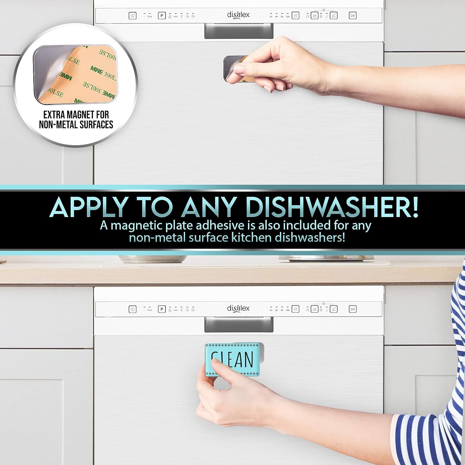 Dishwasher Magnet Clean Dirty Sign Indicator, Double Sided Dishwasher Magnet Flip - Includes Bonus Magnetic Metal Plate for Non Magnetic Dishwashers