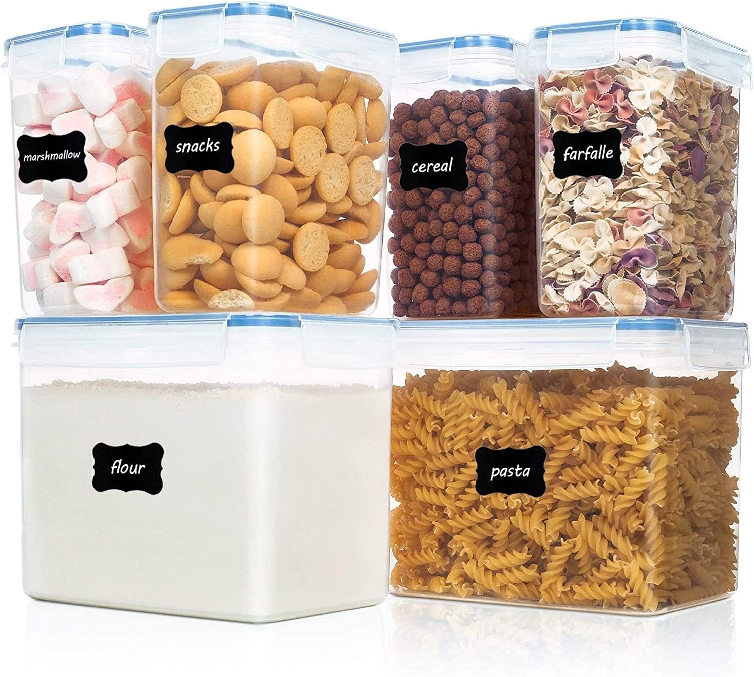 Airtight Food Storage Containers 6 Pieces - Plastic BPA Free Kitchen Pantry Storage Containers for Sugar,Flour and Baking Supplies - Dishwasher Safe - 24 Labels, Blue